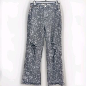 Gemma Rae Smiley Face Black Distressed High Rise Wide Leg Flare Jeans Size 9/29